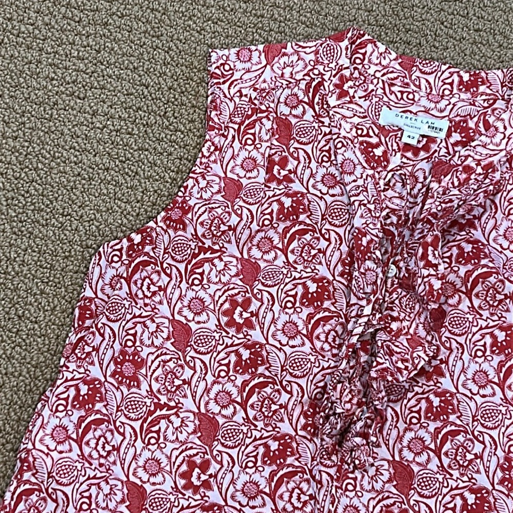 Derek Lam Red Vintage Floral Sleeveless Top Ruffle Button Neckline size 6 Boho - Picture 4 of 15